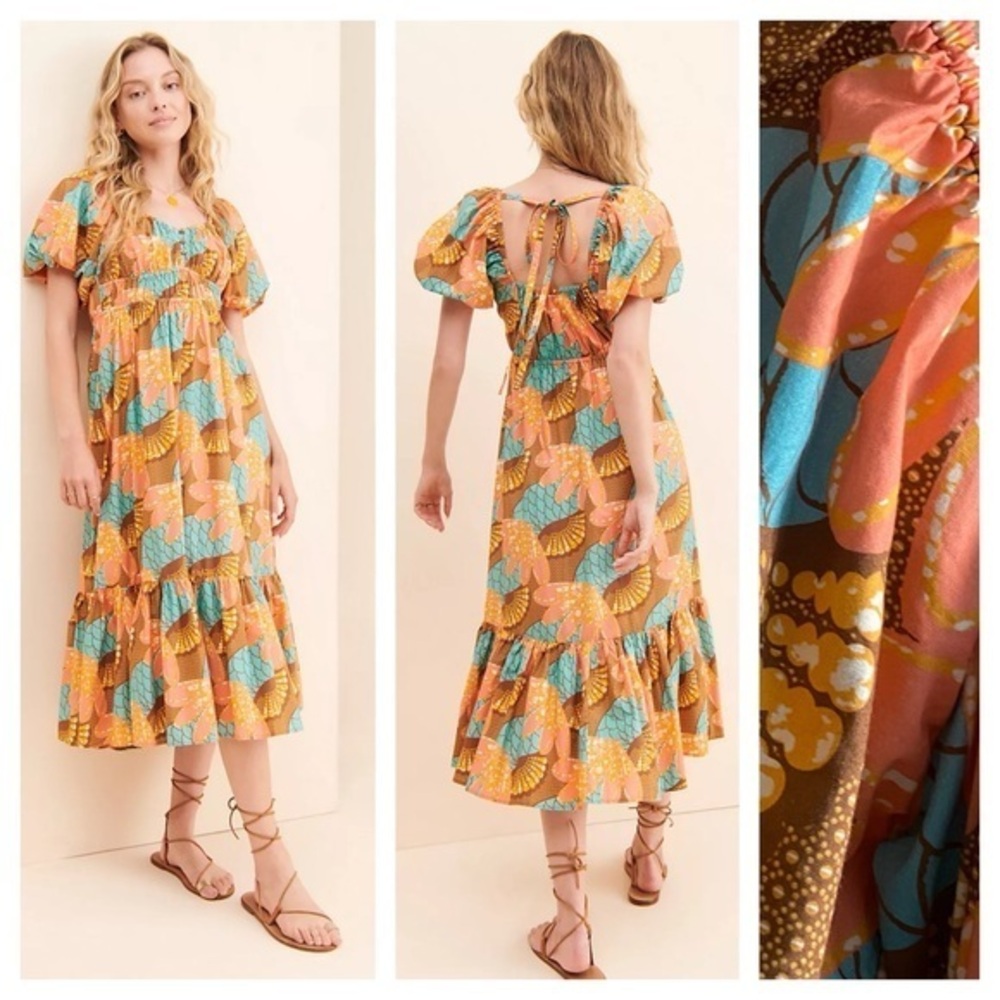 Cleobella Anthropologie Orange Blue Riviera Print Jesse Midi Dress Small